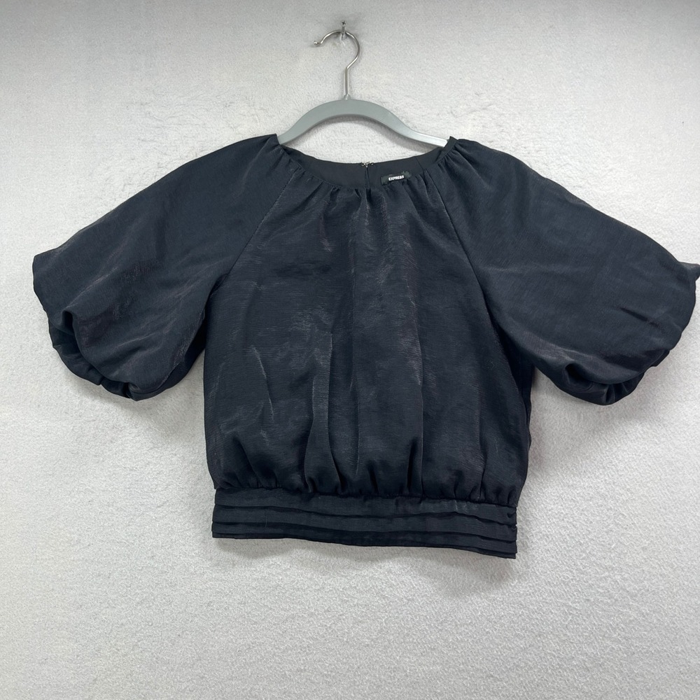 Express Blouse Women XS Black Puff Short Sleeve Crop Lined Party‎ Career Top